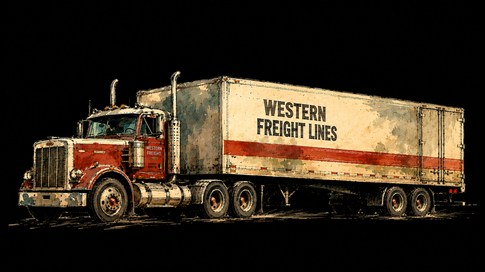 Red Peterbilt sleeper tractor pulling a 53-foot dry-van trailer marked Western Freight Lines